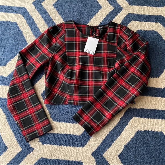 ❤️ ZARA RED BLACK PLAID LONG SLEEVE CROP TOP! - Picture 7 of 13